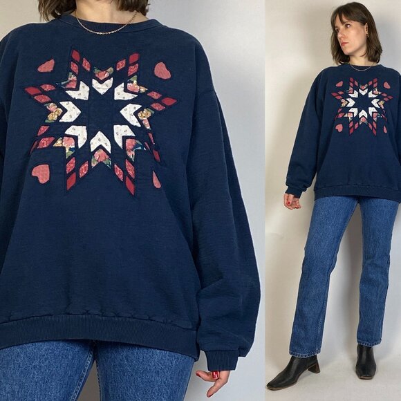 Vintage 1980s Navy Blue COTTAGE CORE Quilted STAR Sweateshirt! Large, Quilt - Picture 1 of 8